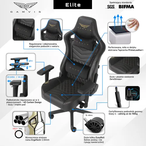 Fotel GAMVIS Elite 2.0 Pro XL Czarny (złote elementy)