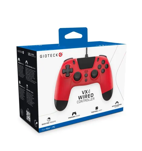 Pad Gioteck VX4 Wired do PS4, PCPrzewodowy Czerwony