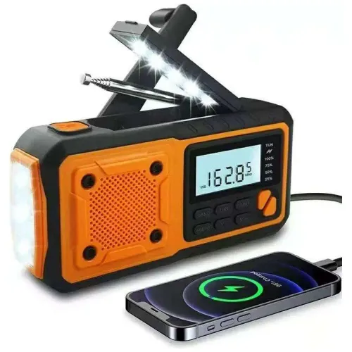 Radioodbiornik Beline AM/FM IPX3 z dynamem, latarką, powerbankiem i panelem solarnym Czarno-pomarańczowy