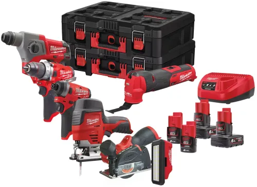 Milwaukee M12 FPP7A - 624p elektrikli el aletleri seti (matkap, darbe vidası, açılı taşlama makinesi, çekiç, jigsaw, lamba)