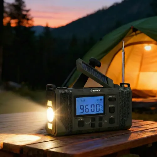Radioodbiornik Hawk Expedition R20 Na korbkę, Solarne, Latarka, Radio FM Czarny