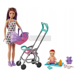 Lalka Barbie Skipper z wózkiem i bobasem GXT34