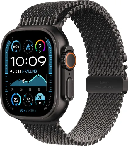 Apple Watch Ultra 2 GPS + Cellular 49mm koperta tytanowa (czarny) + bransoleta mediolańska z tytanu rozmiar L (czarny) (Stan Doskonały)