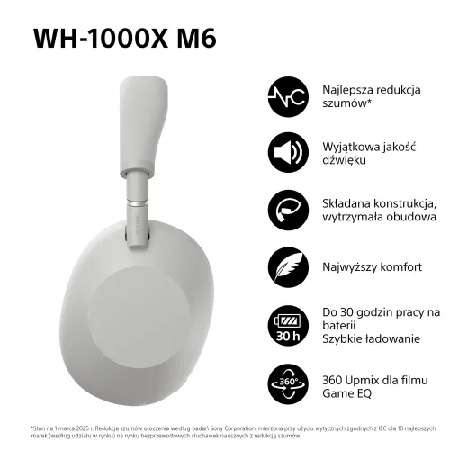 Słuchawki bezprzewodowe Sony WH-1000XM6 ANC Nauszne Bluetooth 5.3 Srebrny
