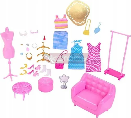 LALKA BARBIE WYMARZONA GARDEROBA + ubranka dla lalki Barbie + mebelki HPL78