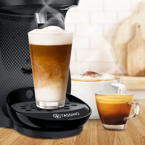Zestaw ekspres kapsułkowy Bosch Tassimo Happy TAS1002N czarny i 3 opakowania kapsułek: Jacobs Latte Macchiato Classico, Café au lait, Morning Café (Strong&Intense) XL