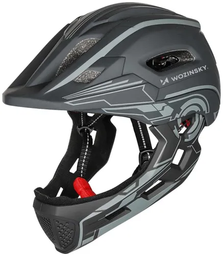 Kask rowerowy WOZINSKY HT-27S Szary Full Face dla Dzieci z odkręcaną szczęką i lampką (rozmiar uniwersalny)