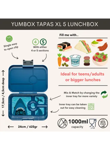 Lunchbox pojemnik na śniadanie XL Yumbox Tapas 4 - Monte Carlo blue / shark tray