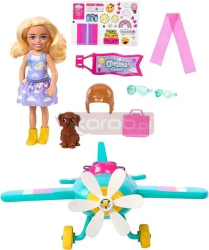 LALKA BARBIE CHELSEA PILOTKA zestaw z samolotem, pieskiem HTK38