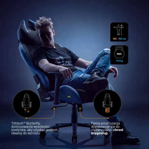 Fotel Diablo Chairs X-Horn 2.0 Normal Size Night Blue Gamingowy do 140kg Tkanina Czarno-Niebieski