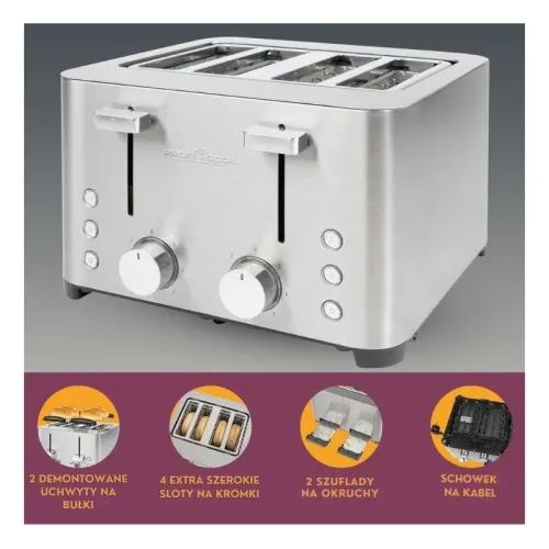 Toster ProfiCook PC-TA 1252 Ruszt do bułek Rozmrażanie 1500W