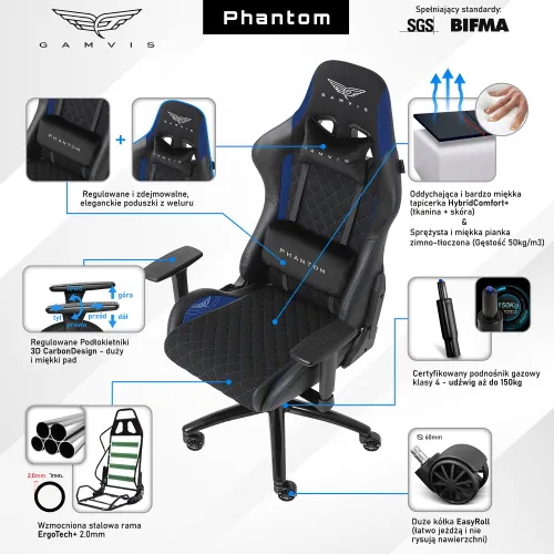Fotel GAMVIS Phantom Large Czarny (niebieskie elementy)