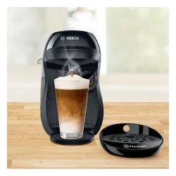 Zestaw ekspres kapsułkowy Bosch Tassimo Happy TAS1002N czarny i 5 opakowań kapsułek: Jacobs Latte Macchiato Classico, Cappucino Classico, Caffe Crema XL, L’OR Espresso Delizioso, Milka