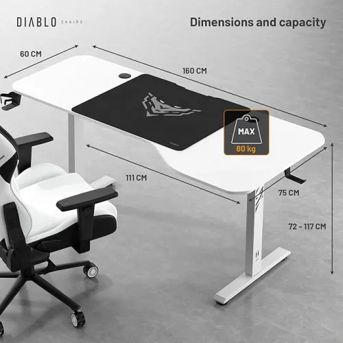 Biurko Diablo Chairs X-Tensio 1600 160cm Regulacja wysokości Biały