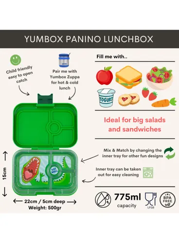 Średni prostokątny lunchbox Yumbox Panino - jurassic green / dinosaur tray