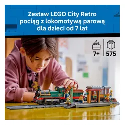 LEGO City 60511 Retro pociąg z lokomotywą parową, zestaw klocków 7+
