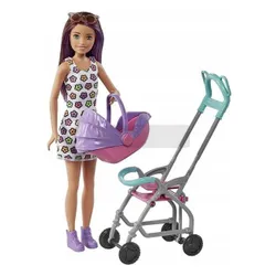 Lalka Barbie Skipper z wózkiem i bobasem GXT34