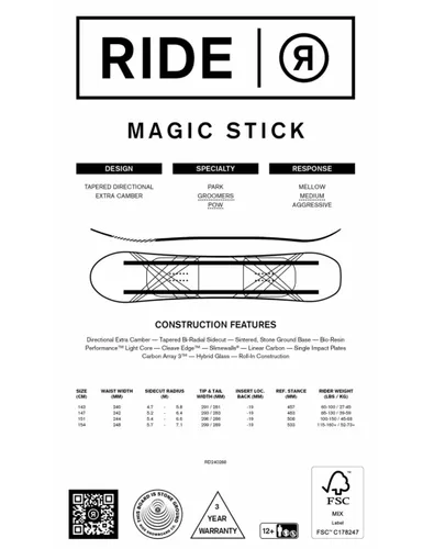 Deska snowboardowa Ride Magic Stick - Długość (cm) - 151