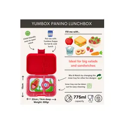 Średni prostokątny lunchbox Yumbox Panino - wow red / dinosaur tray