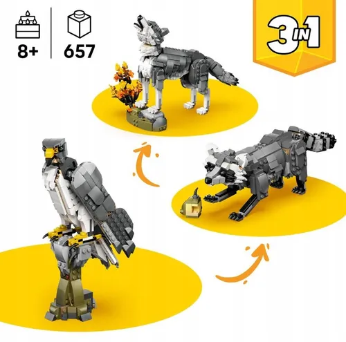 LEGO Creator 3w1 31393 Zwierzęta Leśne Wilk Szary Wilk Sokół Szop 657 el.