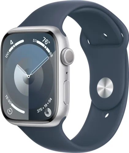 Apple Watch 9 GPS 45mm koperta z aluminium (srebrny) + pasek sportowy S/M (sztormowy błękit) (CPO)