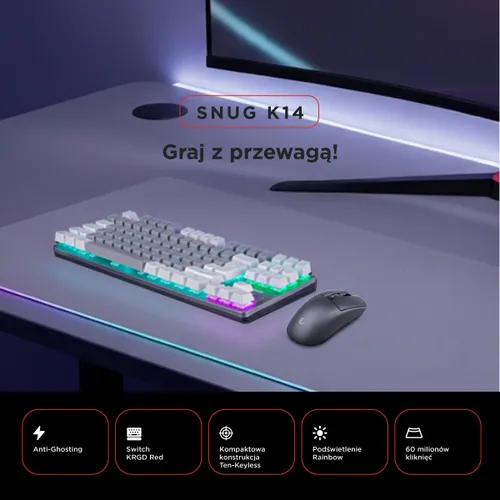 Klawiatura gamingowa Rampage Snug KRGD Red Switch przewodowa mechaniczna podświetlana szaro-biała
