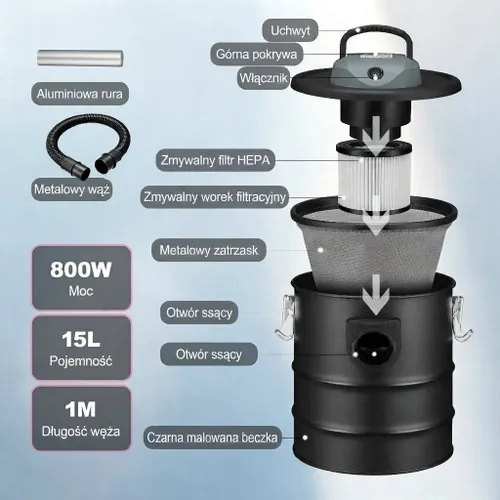 Przemysłowy odkurzacz kominkowy do pieca popiołu sadzy żaroodporny 15l 800W