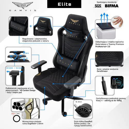 Fotel GAMVIS Elite 2.0 Pro XXL Czarny (złote elementy)