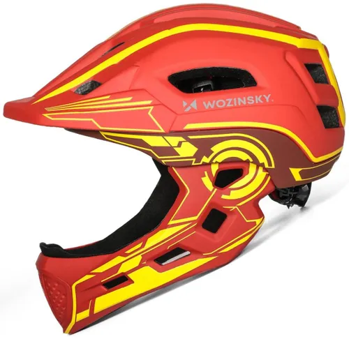 Kask rowerowy WOZINSKY HT-27CZ Czerwono-żółty Full Face dla Dzieci z odkręcaną szczęką (rozmiar uniwersalny)