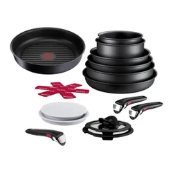 Zestaw patelni TEFAL Ingenio Eco Resist (13 elementów) + Patelnia grillowa TEFAL Ingenio Unlimited L8584074 26 cm + Rączka uniwersalna TEFAL Ingenio L9863153