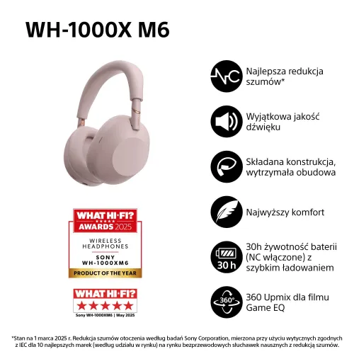 Słuchawki bezprzewodowe Sony WH-1000XM6 ANC Nauszne Bluetooth 5.3 Różowy