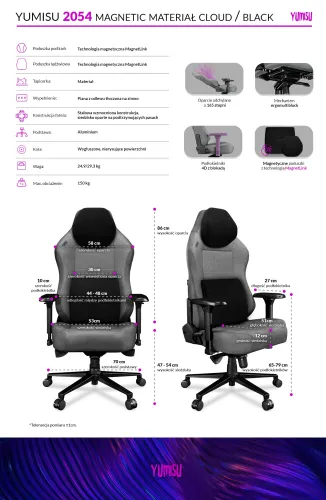 Fotel YUMISU 2054 Magnetic Jasnoszaro-czarny