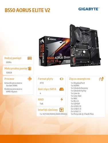 Gigabyte Płyta główna B550 AORUS ELITE V2 AM4 4DDR4 HDMI/DP M.2 ATX