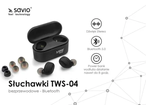 Słuchawki bezprzewodowe Savio TWS-04 Dokanałowe Bluetooth 5.0 Czarny