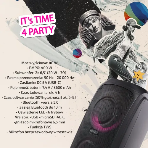 Power Audio Opticum Sound X11 Party Box 40W Bluetooth Radio FM Czarny