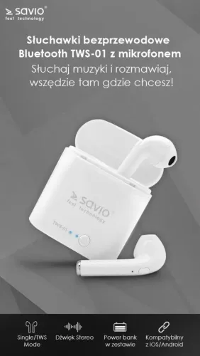 Słuchawki bezprzewodowe Savio TWS-01 Dokanałowe Bluetooth 5.0 Biały