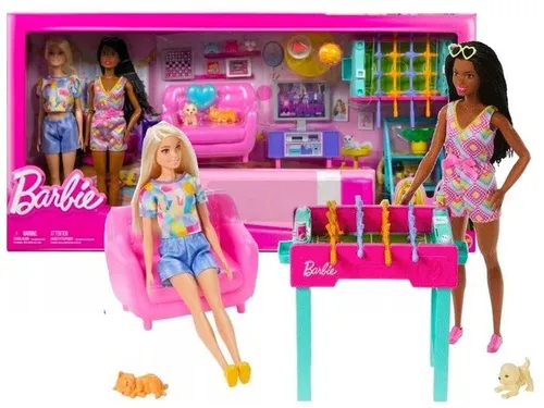 LALKA BARBIE POKÓJ ZABAW duży zestaw 2 lalki, piesek, kotek + akcesoria HYT64