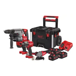 Milwaukee M18 FPP4A2-553P elektrikli el aletleri seti (matkap tornavidası + darbe anahtarı + çekiç + açılı taşlama makinesi + 3x pil + şarj cihazı + kutu)