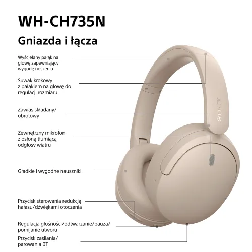 Słuchawki bezprzewodowe Sony WH-CH735N ANC Nauszne Bluetooth 6.0 Beżowy