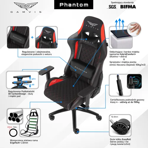 Fotel GAMVIS Phantom Large Czarny (czerwone elementy)