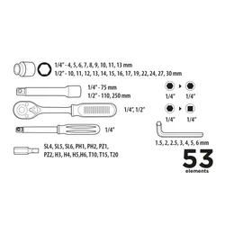 Zestaw kluczy nasadowych 1/2", 1/4" 53szt. Top Tools 38D530