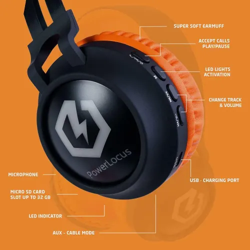 Słuchawki bezprzewodowe PowerLocus Buddy Kids Nauszne Dla Dzieci Bluetooth 5.3 Czarno-pomarańczowy