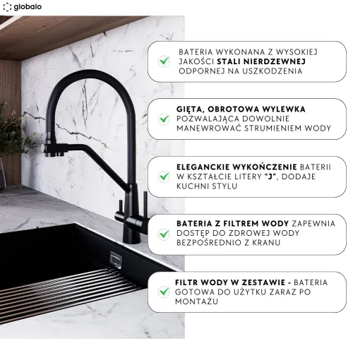 Bateria Globalo Olintio Black 1.1 Czarny mat Stal szlachetna