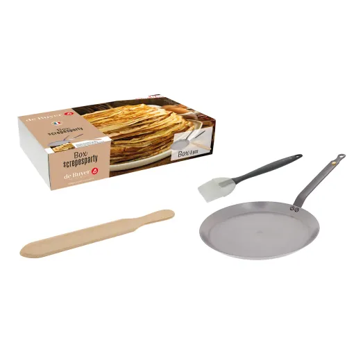 DE BUYER Mineral B 26 cm - patelnia do naleśników ze stali węglowej z łopatką i pędzelm