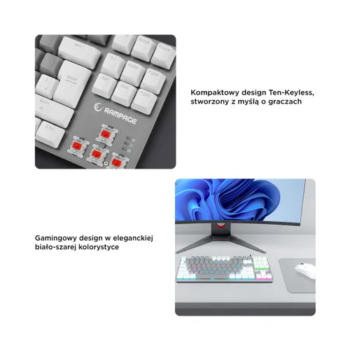 Klawiatura gamingowa Rampage Snug KRGD Red Switch przewodowa mechaniczna podświetlana szaro-biała