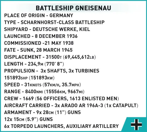 Klocki Cobi HC WWII Okręt wojenny Gneisenau 2417 el.