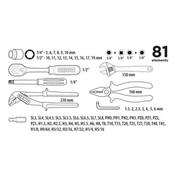 Zestaw narzędziowy 1/4", 1/2" 81szt. Top Tools 38D510