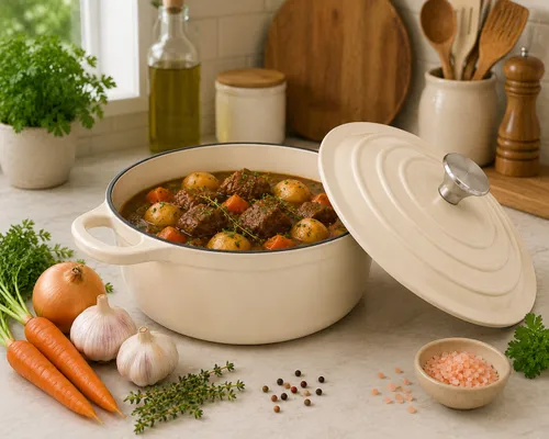Garnek żeliwny emaliowany 28cm 5.9L ciężki indukcja Kremowy KRISBERG