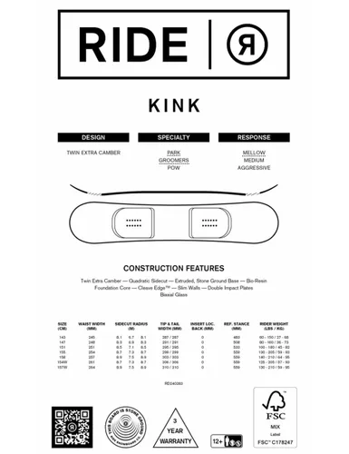 Deska snowboardowa Ride Kink Wide - Długość (cm) - 154