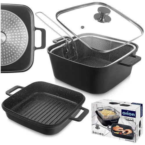 Garnek granitowy ze szklaną pokrywką patelnią grillową koszyczkiem GRANDE 2+4 l 4 el.